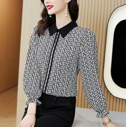 Luxury Designer Geometric Graphic Blouses Woman Button up Shirt Autumn Winter Versatile Runway Lapel Shirts Office Ladies Simple Fashion Formal Pink Top