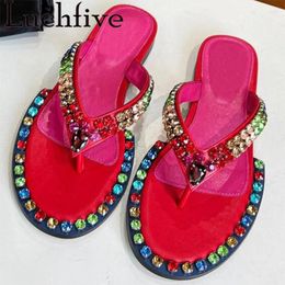 Slippers 2024 Summer Luxury Rhinestone Flip Flops Flats Women Slip On Split Toe Mules Brand Casual Zapatos De Mujer