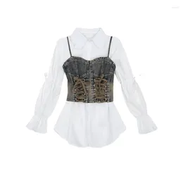 Women's Blouses Korean Version All-match Puff Sleeve White Shirts Women Slim Fit Lace Up Vintage Denim Camisole 2024 Spring Two Piece Sets