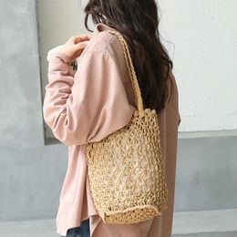 Evening Bags Korean Casual Beach Bag Cotton Thread Knitted Women Handbag Ladies Net Hollow Out Mini Bucket Retro Woven Shoulder 2024