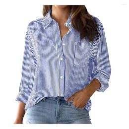 Women's Blouses Women Striped Work Shirt Vertical Print Lapel For Long Sleeve Loose Fit Top With Chest Pocket Single