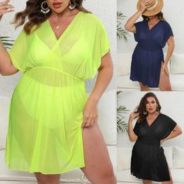 L- 3XL Beach Cover Up For Women Swimsuit Coverup Large Green Transport Dress Plus Size Split Tunic Elastic Waist Top 2024 Luxury