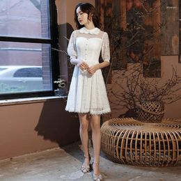 Party Dresses Prom White Lace High Collar Half Sleeves Illusion Zipper Back A-line Pleat Knee-length Plus Size Women Dress A1117