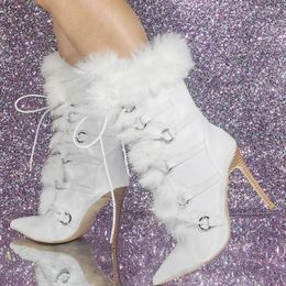 Boots White Fur Women Lace Up Buckles Short Booties Wide Fit Size 47 High Heels Stiletto Shoes Winter Fluffy Ankle