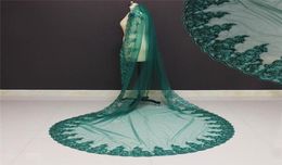 Real Pos 3 Metres One Layer Sequined Lace Edge Green Wedding Veil with Comb Beautiful Bridal Veil NV71009372845