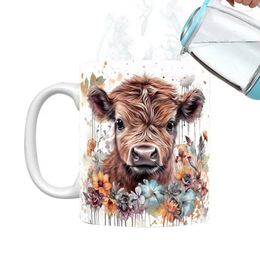 Mugs Highland Cow Coffee Mug 3D Animal Visual Flower 11oz Ceramic Print Cup Themed For Women Farm