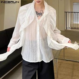 Men's Casual Shirts INCERUN Tops 2024 Handsome Ruffled Ribbon Decorative Fashion Hollow Slightly Transparent Long Sleeved Blouse S-5XL