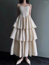 Casual Dresses SuperAen 2024 Korea Chic Summer Vintage Vacation Style V Neck Layered Strap Cake Dress
