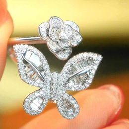 Cluster Rings High Quality Fancy Butterfly Rose Asymmetrical Ring For Female 925 Silver Temperament Full Diamond Party Wedding Jewellery Gift