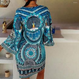 Casual Dresses Printed Dress Ethnic Print V Neck Midi For Women Soft Breathable Wear Retro Style Knee Length Summer Outfit Loose Fit