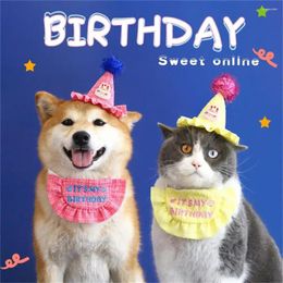 Dog Apparel Happy Birthday Pet Bib Hat Set Lace Embroidered Cat Korean Cute Saliva Scarf Headpiece