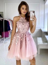 Party Dresses Halter Short Prom Lace Applique Backless Formal Pink Blue Ball Gown Champagne Evening Custom Made