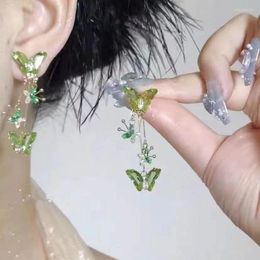 Dangle Earrings Goth Charms Y2K Vintage Green Crystal Glass Butterfly Tassel Long Pendant For Women Cute 2000s EMO Jewelry Accessories