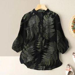 Women's Blouses Shirt 2024 Summer Fashion Tree Leaf Printed Cotton Linen Vintage Round Collar Button Loose Large Size Blouse