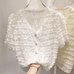 Women's Blouses 2024 Korean Style V-neck Lace Splice Beaded Single Breasted Short Sleeve Chiffon Shirt For Women