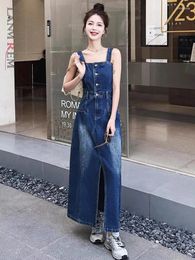 Casual Dresses LANMREM Fashion Denim Sling Dress Women Sleeveless Single Breasted Split Design 2024 Spring Clothing 25154