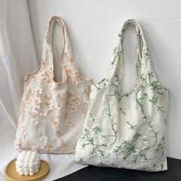 Storage Bags Small Canvas Tote Bag For Women 2024 Girls Shopper Designer Handbag Casual Embroidery With Daisy Crochet Cute Mesh Shoulder