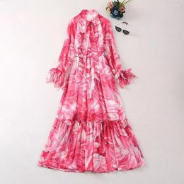 Casual Dresses European And American Women's Clothes 2024 Spring Long Sleeve Bow Collar Flower Print Pink Fashion Pleated Dress XXL