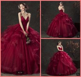 2019 new arrival burgundy ruffled ball gown princess prom dress sweet 16 spaghetti straps pleated v neck quinceanera prom gowns be7863731