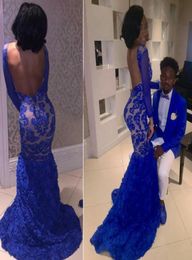 Sexy Royal Blue Mermaid Prom Dresses Scoop Neck Long Sleeves Lace Floral Backless African Black Girls Party Dresses Long Evening G9137998