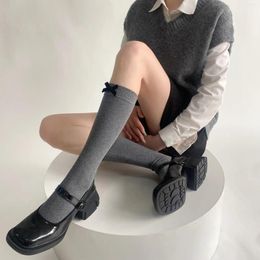 Women Socks Stockings Velvet Bow Lolita Sweet Girls Kawaii Knee College Style School Black White Grey Long