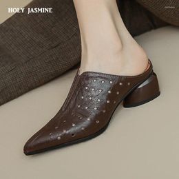Slippers 2024 Women Pumps High-heels Pointed Toe Genuine Leather Retro Style Casual Working Shoes Woman Spring Summer