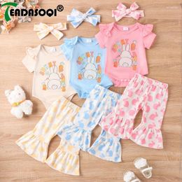 Clothing Sets 0-18M Born Baby Girls Summer Outfit Cartoon Prints Short Sleeve Bodysuits Top Flare Pants Headband Kids Infant 3Pcs Set