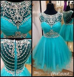 New Sweet 16 Aque Blue Sparkle Tulle Homecoming Dresses Crystals Vestido De Festa Short Summer Party Graduation Dress Prom Gowns3971299