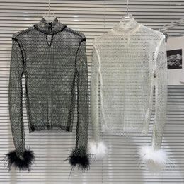 Women's T Shirts Catwalk Performance Ostrich Fur Cuff Hollow Rhinestone Mesh Long Sleeve T-shirt For Women Sexy Y2k Tops Lady