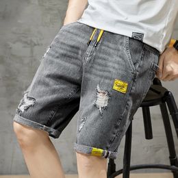 Summer Mens Grey Perforated Denim Shorts Korean Fashion Slim Elastic Fivepiece Jeans Male Brand Pants 11styles 240422