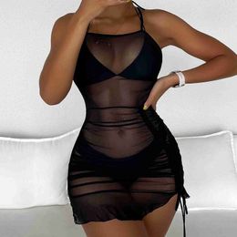 Women Beach Wear Chiffon Cover Up Dress Drawstringbikini Women Sheer Mesh Cover Up Shorts Beach Cover Up See-Through Wrap Bikini WomenS Swimsuit d240501