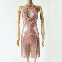 Casual Dresses Women's Metallic Aluminium Mesh Sequins Glitter Long Dress Sexy Open Back Slit Cross Straps Party Miniskirt Summer Events