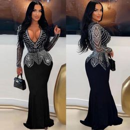 Casual Dresses Rhinestone Prom Evening Dress Sexy Women V-neck Bodycon Sparky Diamond Long Party