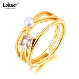 Wedding Rings Stainless Steel Trendy Cubic Zirconia Pearl Ring For Women 18K Gold Plated Engagement Waterproof Jewellery R23083