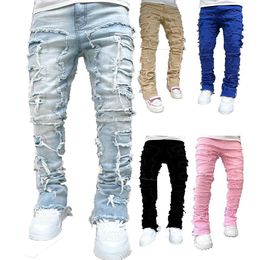 Men's Jeans Stack Jeans Mens Purple Jeans Regular Fit Stacked Patch Distressed Destroyed Straight Denim Pants Streetwear Clothes Stretch Patch Denim Straight Leg