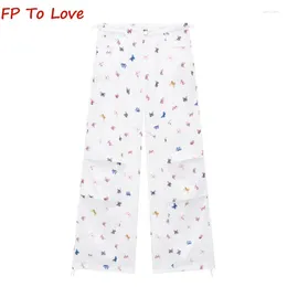 Women's Pants Y2K Spice Girl Butterfly Print Drawstring Wide Leg Work Summer High Waist Loose Straight Drag Casual