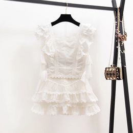 Summer Sexy Hollow Out Embroidery Lace Set Womens Suits Ruffles Short Sleeve Tops White Mini Short Skirts 2 Piece Sets 240425