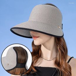 Wide Brim Hats Summer Straw Empty Top Sun Hat Women Large Anti-UV Sunscreen Visors Outdoor Foldable Roll Up Travel Vacation Beach Cap