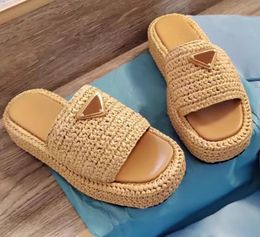 Women Designer Slippers P thick sole flip flops new grass woven sponge cake sole sandals women's shoes