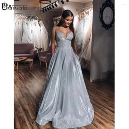 Party Dresses Shiny Sequin A Line V Neck Silver Grey Long Prom Under 100 Simple Gown Spaghetti Straps Formal Evening Dress