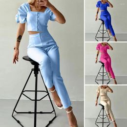 Women's Two Piece Pants Slim Fit Trousers Set Elegant Office Suit With Puff Sleeves High Waist Chic Square Neck Crop Top For Commute