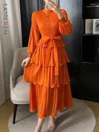 Casual Dresses LANMREM Ruffles Spliced Pleated Women's Dress Stand Collar Belt Gathered Waist Long Fashion Party 2024 2DA4614