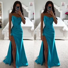 Stunning cocktail blue Prom Dress pleats Strapless Evening gowns Pleats Sheath Split Formal Red Carpet Long Special Occasion Party dress