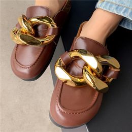Slippers Fashion Platform Big Metal Chain Female Mules Spring Autumn Outdoor Genuine Leather Women Casual Handmade Ladies Shoes