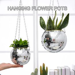 1PC Disco Ball Creative Round Flowerpot Hanging Basket Plastic Glass Mirror Plant Planting Pot Succulent Slivery 240430