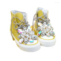 Casual Shoes Yellow Canvas Breathable High-top Female Classic Thin Sports Rhinestone Strap Round Toe