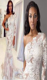 2019 sexy one shoulder backless lace Aline sheath wedding dresses floor length long sleeves summer beach bridal gowns high qualit4100693