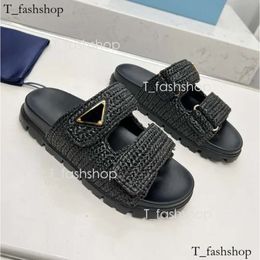 Designer Sandal PRA Woman Crochet Slides Black Platform Wedges Straw Flatform Slipper Summer Flat Comfort Mule Beach Two Straps Vacation Handmade Woven Sandals 249