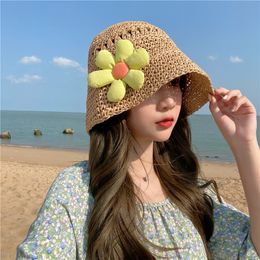 Cute Sun Hat Wide Brim Travelling Flower Beach Summer Hat Sun Protect Handmade Straw Bucket Hat for Women Girls