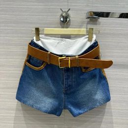 Women's Shorts Stylish Two-piece Jeans With High-waisted White Boxers Ultra-short Low-waisted Version Belt Colour Contrast Suede Hemming